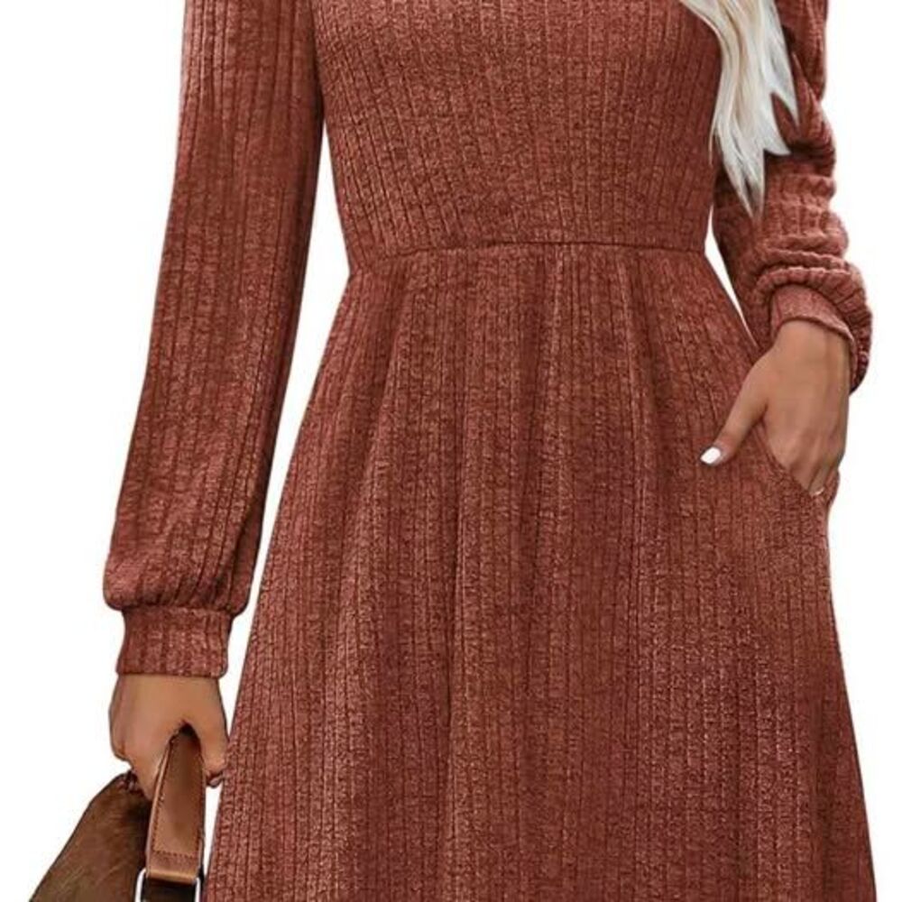 OFEEFAN Womens Knit Sweater Dress with Pockets Square Neck Long Sleeve Dresses